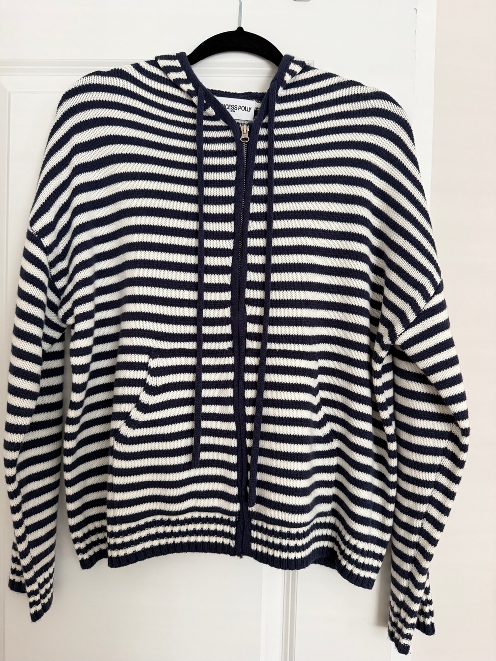 Navy & White Striped Zip Hoodie Sweater